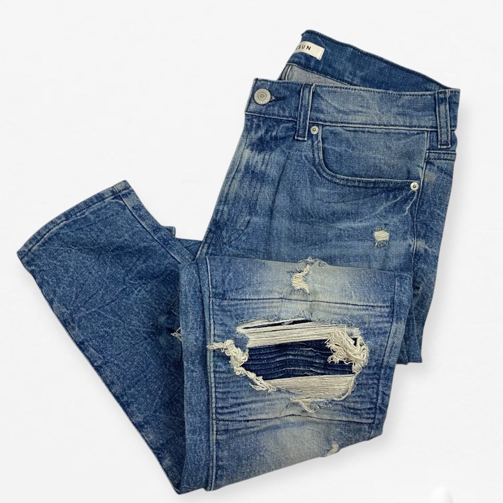 PacSun Men's Ripped Super Distressed Indigo Blue moto Stacked Skinny Jeans 32x30
